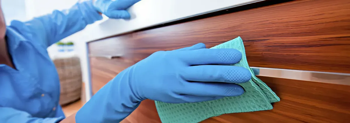 Cleaner wearing blue gloves wiping a wooden cabinet drawer with a microfiber cloth for dust and grime removal, Fresno, CA.