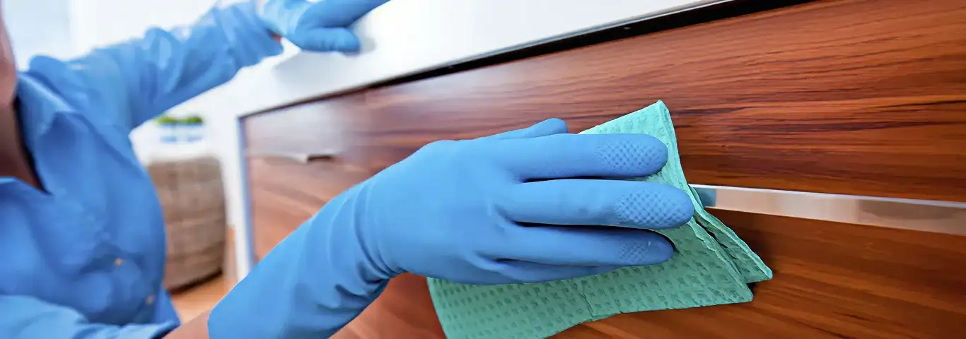 Cleaner wearing blue gloves wiping a wooden cabinet drawer with a microfiber cloth for dust and grime removal, Fresno, CA.