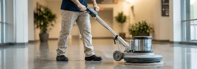 Professional technician using an industrial floor buffer to polish and maintain shiny commercial flooring in a corporate hallway in Fresno, CA.