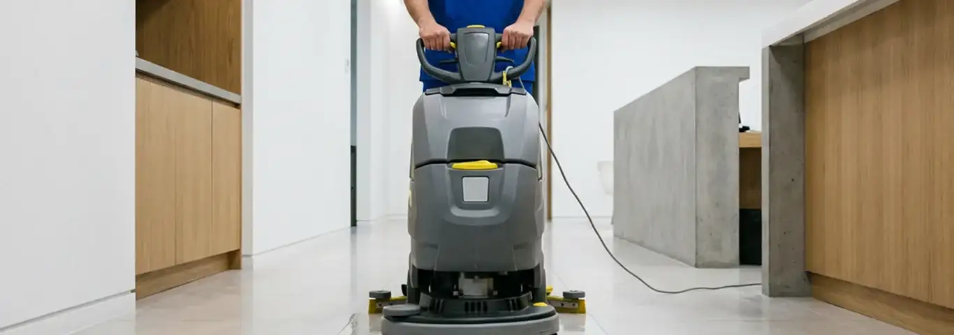 Janitorial staff using a floor scrubber machine to clean a commercial hallway, Fresno, CA.