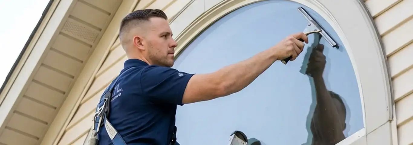 Professional window cleaner using a squeegee to clean an exterior arched window on a home, Fresno, CA.