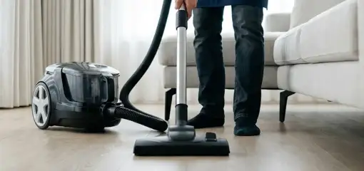 Professional house cleaner vacuuming a living room floor with a canister vacuum cleaner, Fresno, CA.