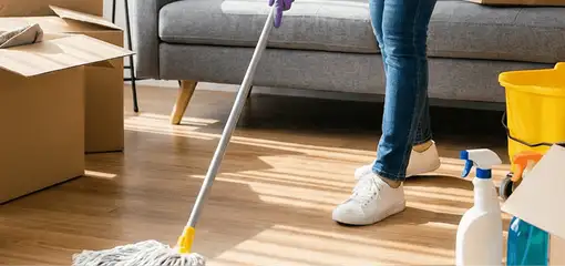 Move-out cleaning setup with a cleaner mopping hardwood floors near moving boxes and cleaning supplies, Fresno, CA.