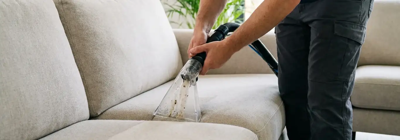 Technician extracting dirt and moisture from a fabric sofa with an upholstery cleaning wand, Fresno, CA.