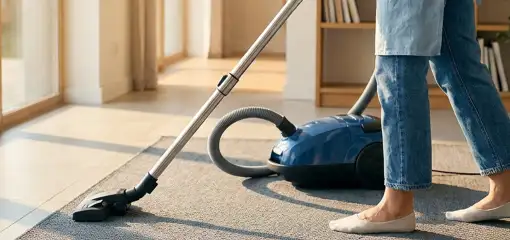 Person vacuuming a living room rug with a canister vacuum cleaner near large windows, Fresno, CA.
